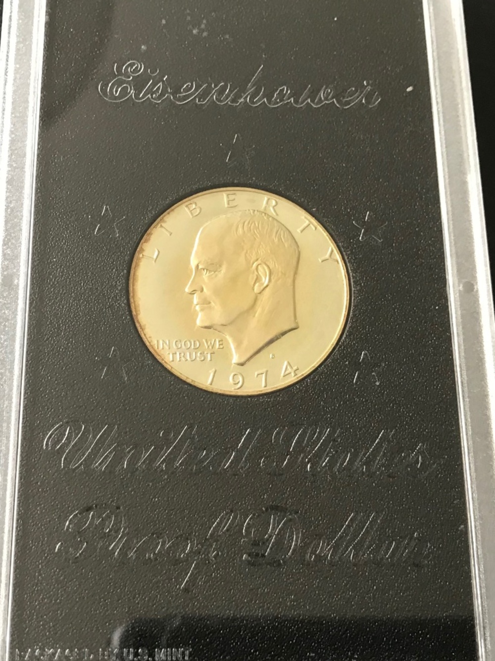 1974 S Eisenhower Silver Dollar, US Mint PROOF, in Mint Case, GOLD TONING!